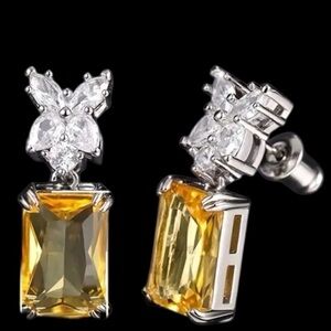 Yellow Emerald Cut CZ Diamond Floral Cluster Earrings Citrine Simulate Butterfly